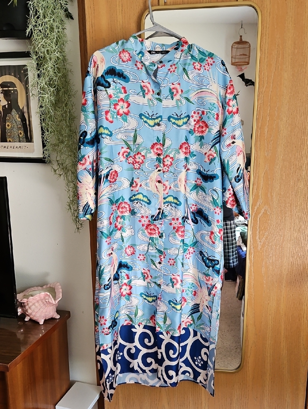 Zara Light Blue Crane And Floral Button Down Dress with Navy Accents